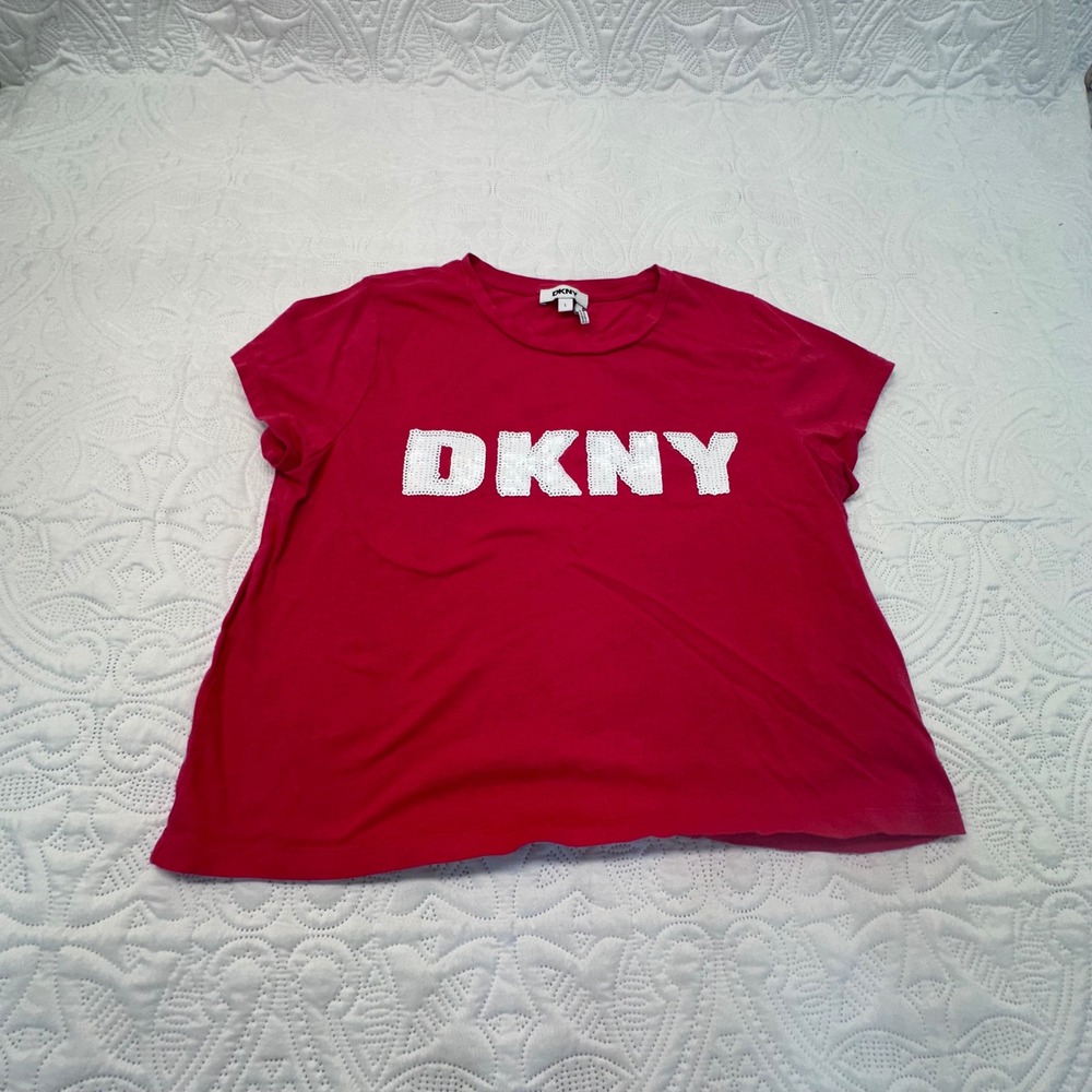 DKNY Womens Red Sequin Logo Short Sleeve T-Shirt Cotton Modal Blend Size L